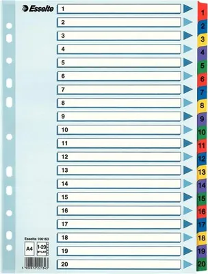 Produktbild von Esselte Mylar-Karton-Trennblatt A4, indexiert 1-20 /20 Karten/ 100163