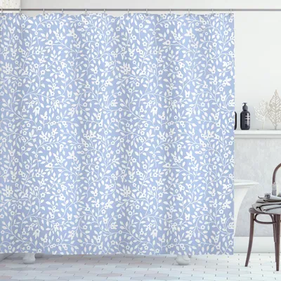 Image de ABAKUHAUS Rideau de douche bleu et blanc, style Ditsy Revival avec motif cottage et paysage rural, 175 x 220 cm, bleu ciel et blanc