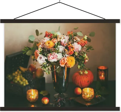 Produktbild von MuchoWow® Textilposter Stilleben - Kürbis - Kerzen 120x90 cm mit schwarzem Rahmen - Aufhänger für Poster