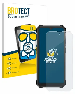 A product shot of a screen protector for a phone, with packaging and a phone model.