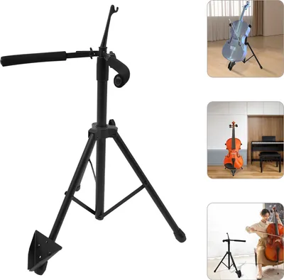 A black cello stand is shown against a white background.