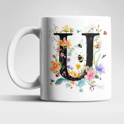 Produktbild von Name A bis Z und 0 bis 9 Blumen Bienen Kaffeetasse Teetasse Tasse Geschenkidee – U