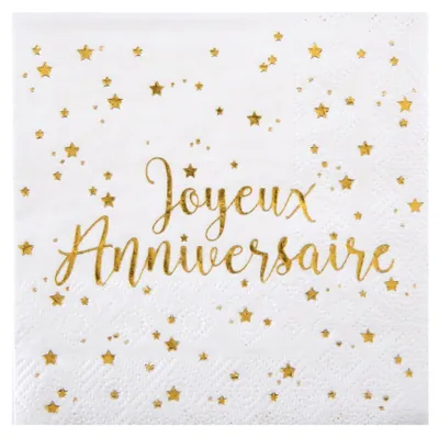 Productafbeelding van 20 "Joyeux Anniversaire" servetten, wit-goud, 25 cm