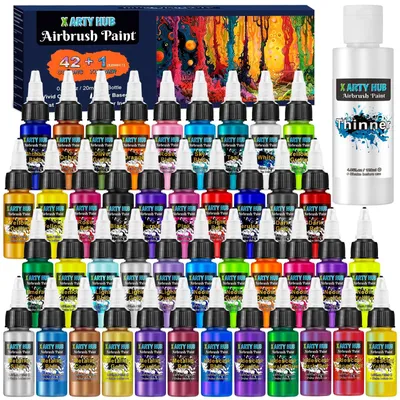 Imagen del producto de Set de pintura para aerógrafo - 42 colores - Acrílica al agua - Con 120 ml de diluyente - Iridiscente, neón y metalizada