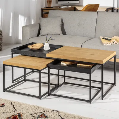 Image de riess-ambiente Ensemble de 3 tables basses industrielles LOFT 120 cm, aspect chêne, plateau amovible, table d'appoint