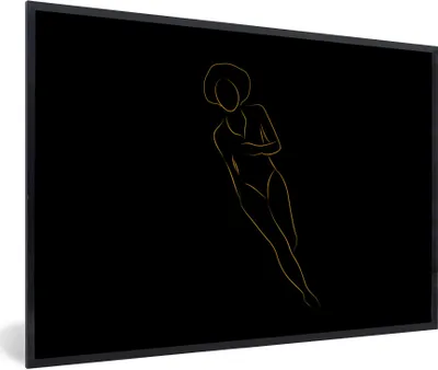 Produktbild von MuchoWow® Gerahmtes Poster Frau - Gold - Schwarz - Strichzeichnung 90x60 cm - Poster mit Schwarzem Bilderrahmen Wandposter Rahmen Foto Bilder - Fotorahmen - Foto-Plakat