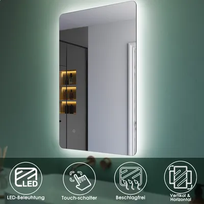 Image de SONNI Miroir de salle de bain avec éclairage LED & interrupteur tactile antibuée à économie d'énergie IP44 Miroir mural 100 x 60cm