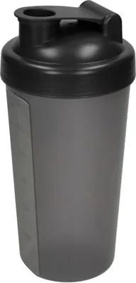 A black and translucent gray shaker bottle on a white background.