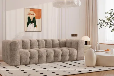 Image de Canapé 4 places, confort BALOO, tissu Schenille & Bouclé, beige foncé