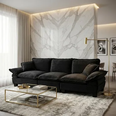 Produktbild von Gebogenes Chenille-Modulsofa, 3-Sitzer, Loveseat mit Armlehnen, platzsparend für kleine Wohnungen, Schwarz