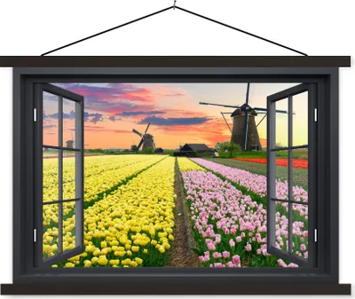 Produktbild von MuchoWow® Textilposter Aussicht - Tulpen - Sonnenuntergang 60x40 cm mit schwarzem Rahmen - Hölzernes