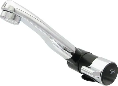 A chrome and black faucet head with a black handle and a chrome cap with a logo.
