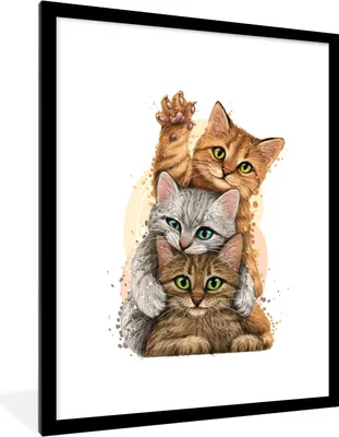 Produktbild von MuchoWow® Gerahmtes Poster Katzen - Illustration - Haustiere - Katze 60x80 cm - Poster mit Schwarzem Bilderrahmen Wandposter Rahmen Foto Bilder - Wohnzimmer - Dekorationen - Prämie