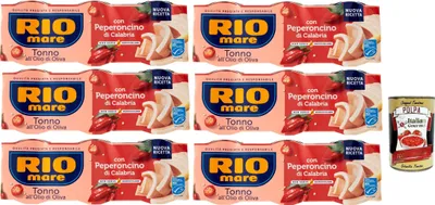Produktbild von Italian Gourmet bundle für Rio mare Thunfisch mit Peperoncino di Calabria 6x(3x65g) in Olivenöl, scharf, proteinreicher Snack & Salate + Italian Gourmet polpa