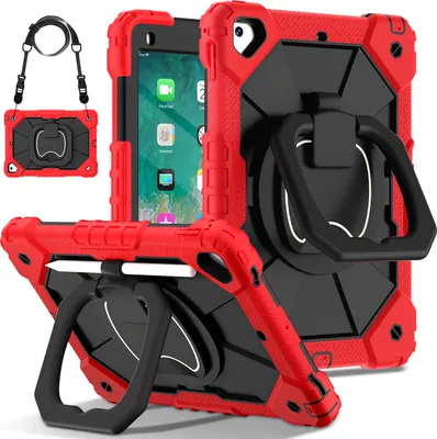 Obrázek produktu pro Pouzdro pro iPad 9,7 6th/5th Gen 2018/2017, odolné přenosné ochranné pouzdro se stojánkem, ručním popruhem a ramenním popruhem červené černé