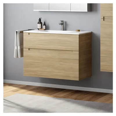 Produktbild von Waschbecken mit Unterschrank 100 cm Eiche Natur Waschtisch Badmöbel Badezimmer Schrank mit zwei Schubladen