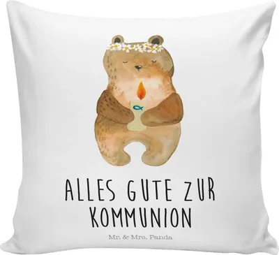 Produktbild von Mr. & Mrs. Panda Kissen 40x40 Bär Kommunion - Weiß - Geschenk, Katholisch, Teddy, Dekokissen Sofa, Polster, Gottes Segen, Taufkerze, Bedrucktes, Sofakissen