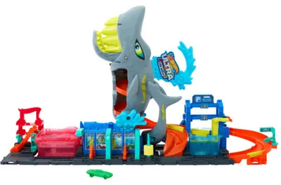 Produktbild von Hot Wheels City Ultimative Hai-Autowaschanlage mit Farbwechsel-Spielzeugauto im Maßstab 1:64, Rennauto- & Schienen-Set, 3 Jahr(e), Kunststoff, Mehrfarbig