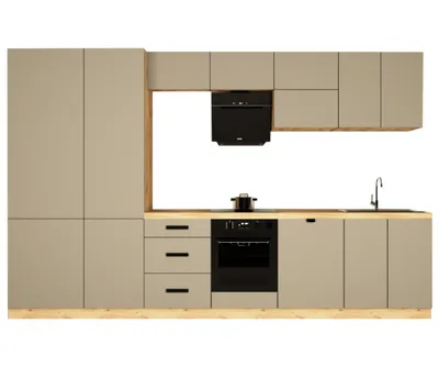 Produktbild von Küchenzeile 360 cm mit Hochschrank Kühlumbauschrank Küchenblock Ohne Arbeitsplatte Einbauküche Küchenzeile, Langen KL19-M360, Beige/Matt