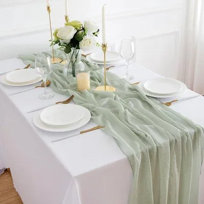 Produktbild von 4 Stück grüne Tischläufer - 300 x 81 cm - Mousseline Tischdeko - grüne Boho-Gaze Stoff - rustikale Tischläufer - Käse-Tuch waschbar - Hochzeit Geburtstag Fest