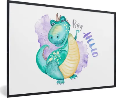 Produktbild von MuchoWow® Gerahmtes Poster Dinosaurier - Kinderzimmer - Grün - Jungen - Mädchen - Kinder 90x60 cm - Poster mit Schwarzem Bilderrahmen Wandposter Rahmen Foto Bilder - Fotorahmen - Foto-Plakat