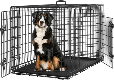 Produktbild von Hundekäfig 122 x 71 x 78 cm klappbar mit Trennwand, 2 Türen, Hundebox für zuhause mit ausziehbare Bodenschale, Transportkäfig Auto, Hundetransportbox Drahtkäfig für Hunde Welpe, XXL, Schwarz