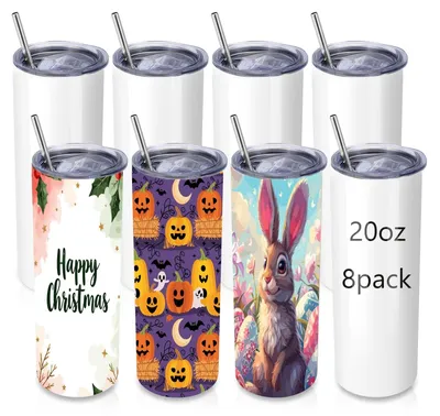 Produktbild von Set aus 8 Edelstahl-Trinkbechern mit Deckel und Strohhalm, 600 ml