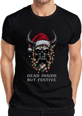 Produktbild von Dead Inside But Festive Totenkopf Hörner Lichter Bart Gothic Herren T-Shirt, Schwarz, M