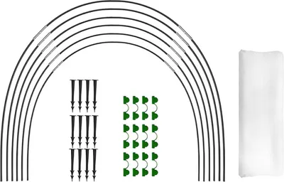 A set of greenhouse hoops, stakes, and clips arranged on a white background.