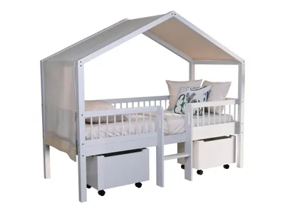 Produktbild von VIPACK - FORREST Buche Spiel-Hausbett 90x200cm, inkl. Lattenrost, Leiter, Dachaufbau, 2 Rollboxen, Textilhimmel, Buche massiv weiß lackiert