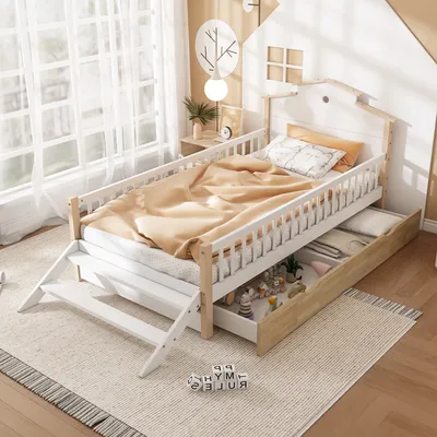 Produktbild von Flieks Kinderbett Hausbett 90x200cm mit Schublade, Holzbett Einzelbett Kinderbett mit Rausfallschutz und Leiter, Hochbett Etagenbett, Naturbelassen