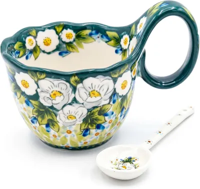Produktbild von Suppentassen mit Griffen, 530 ml, Keramik-Suppenschalen mit handbemaltem Löffel, mikrowellengeeignet, Stil 1