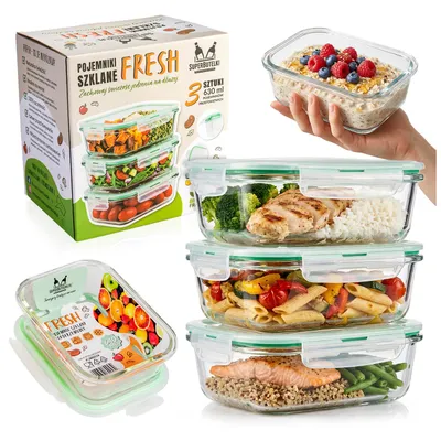 Zdjęcie produktu dla SuperButelki - 3x Szklane pojemniki 640 ml, LUNCHBOX hermetyczne  do przechowywania żywności, z pokrywkami, zestaw pojemników, komplet 3 sztuk