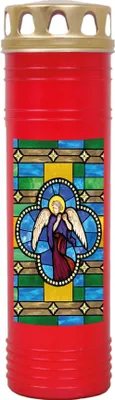 Image de Bougie funéraire rouge 170h ( couvercle or ) - fenêtre multicolore