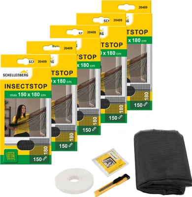 Produktbild von Schellenberg 5er Pack 20409 Fliegengitter für Fenster, Insektenschutz mit Befestigung, ohne bohren, 150 x 180 cm, anthrazit