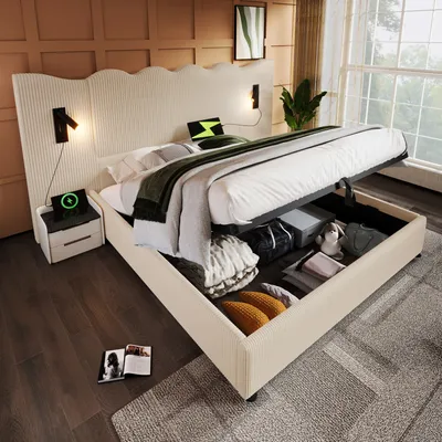 A bedroom scene featuring a bed with storage, a nightstand, and a window.