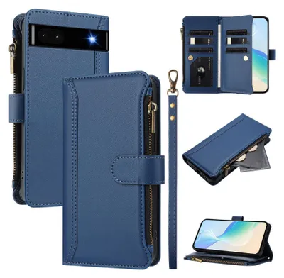 A collage of images showcasing a dark blue leather wallet-style phone case for a Google Pixel 6A.