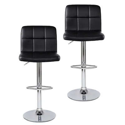 Two black bar stools with chrome bases are shown against a white background.