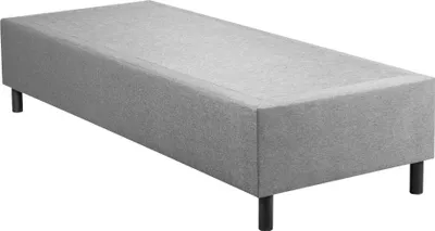 A gray upholstered bed frame with black legs, shown from a diagonal angle.