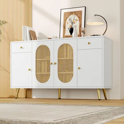Image de Merax Sideboard, commode avec 4 portes et 2 tiroirs, pieds en métal, armoire de rangement, armoire en rotin, buffet pour le salon et la cuisine, blanc