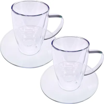 Immagine prodotto di Bicchieri da tè soffiati a bocca - Tazza da tè a doppia parete con piattino - 300 ml - 2 pezzi