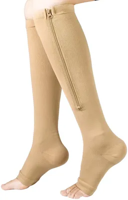 Produktbild von Kompressionssocken mit offener Zehenpartie in der Größe L/XL, beige perfekt für Reise Flug Urlaub, für Damen und Herren,A0181