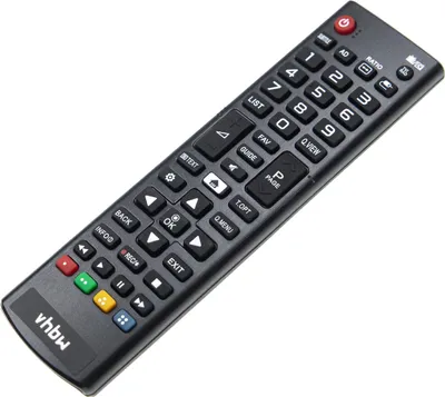 A black remote control is shown from a diagonal angle against a white background.