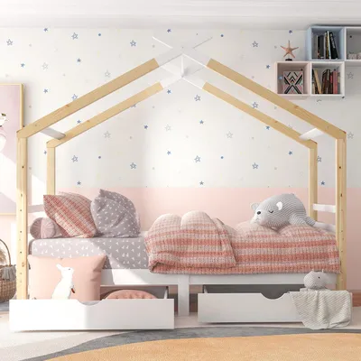 Productafbeelding van Kinderbed Huisjesvorm - Kinderbedje - Bedhuis - Speelbed - Houten Bed - Wit - 90x200 cm - Stevig Grenenhout