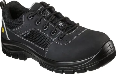 Produktbild von Skechers TROPHUS Arbeitsschuhe, Schwarz, Gr. 47.5, normale Weite, Synthetik, Nubukleder, Mesh, Polyurethan, Textil, Stahlkappe, Memory Foam, ESD, rutschhemmend, metallfreie Durchtrittshemmung, atmungsaktiv, Sneakerdesign, EN ISO 20345:2011 S1 P FO SRA + ESD