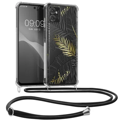 Produktbild von kwmobile Necklace Case kompatibel mit Motorola Moto G32 Hülle - Silikon Cover mit Handykette - Gold Grau Transparent Dschungel