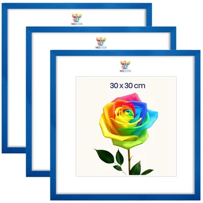 Obrázok produktu pre MG Design, sada 3 kusov rámov na obrázky, 30 x 30 cm – rám na plagáty s modrým dreveným rámom a nárazuvzdorným akrylovým sklom, vhodné na zavesenie vertikálne aj horizontálne, s robustným systémom na upevnenie na stenu