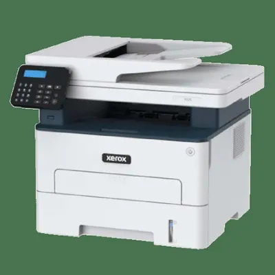 A Xerox B225dni A4 Multifunktionsdrucker is shown against a green background.
