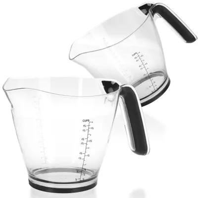 Produktbild von com-four® 2x Messbecher aus Kunststoff - Messkanne mit Skala in Milliliter, OZ und Cups - rutschfeste Dosierkanne - Küchenhelfer 1000 ml