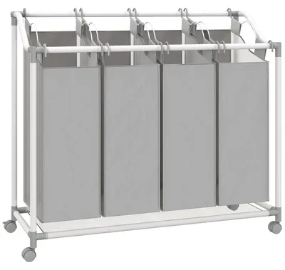 Immagine prodotto di Cesto per la biancheria con ruote, capacità 160 litri, con 4 scomparti | Colore: Grigio, Bianco | Dimensioni: 97x38x81 cm